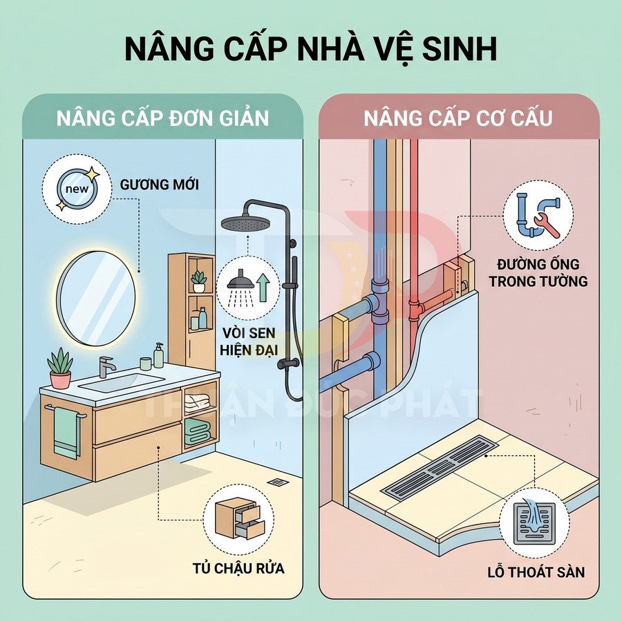 Minh họa nâng cấp nhà vệ sinh với gương mới, tủ chậu rửa, vòi sen hiện đại và hệ thống ống nước, lỗ thoát sàn